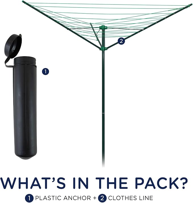 91 FT Umbrella Clothesline Outdoor - Clothes Line Outdoors Green Painted Steel Frame with Ground Socket - Clotheslines for Outside Laundry Drying, Washing Line for Hanging Clothes, Sheets etc