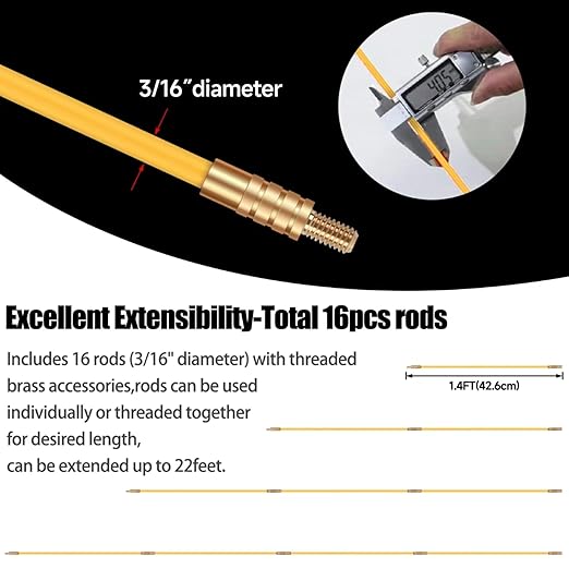 16.8FT Fiberglass Running Electrical Wire Cable Glow Rods Wire Pulling, Fish Rods Electrical Kit with 6 Different Attachments and Fish Tape Wire Puller Kit (Yellow)