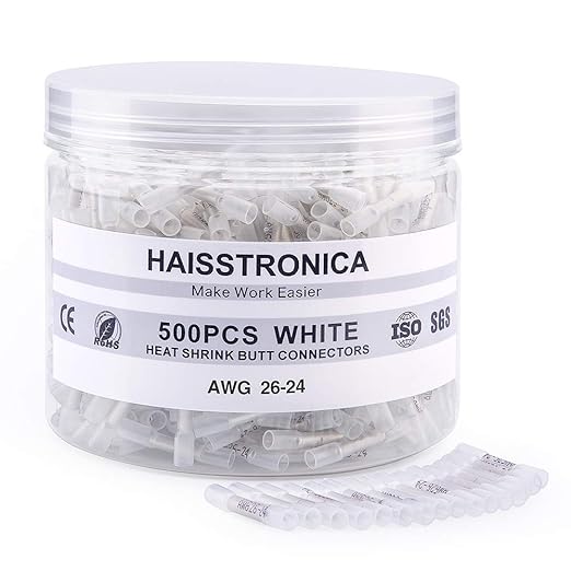 Haisstronica 500PCS White Heat Shrink Butt Connectors - 26-24 Gauge, Insulated, Waterproof, Marine & Automotive Crimp Splice Connectors