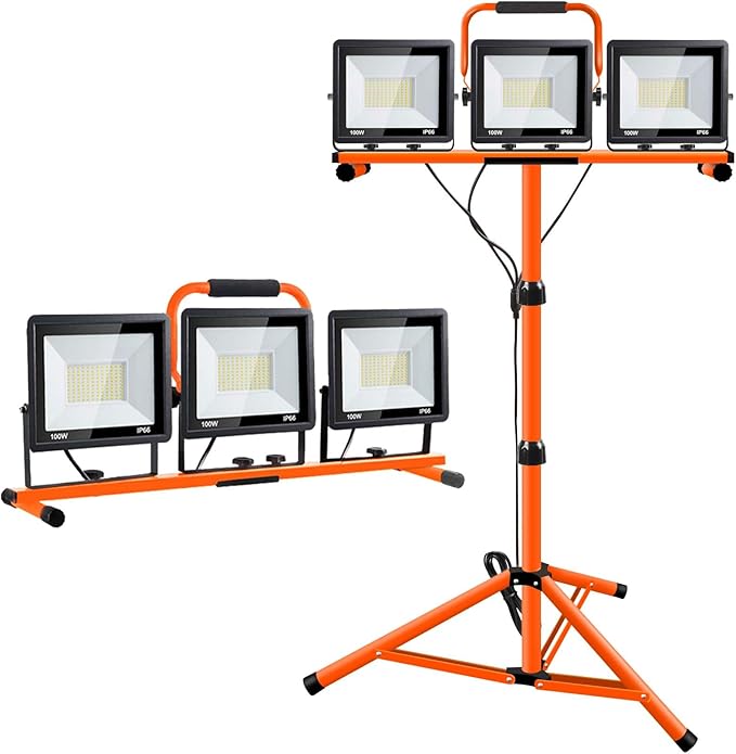 21000 Lumen Work Lights with Stand, 3 Adjustable Head LED Work Light, Foldable Tripod Stand, Waterproof Lamp with 6500 Kelvin Color Temperature (3 Adjustable Head)