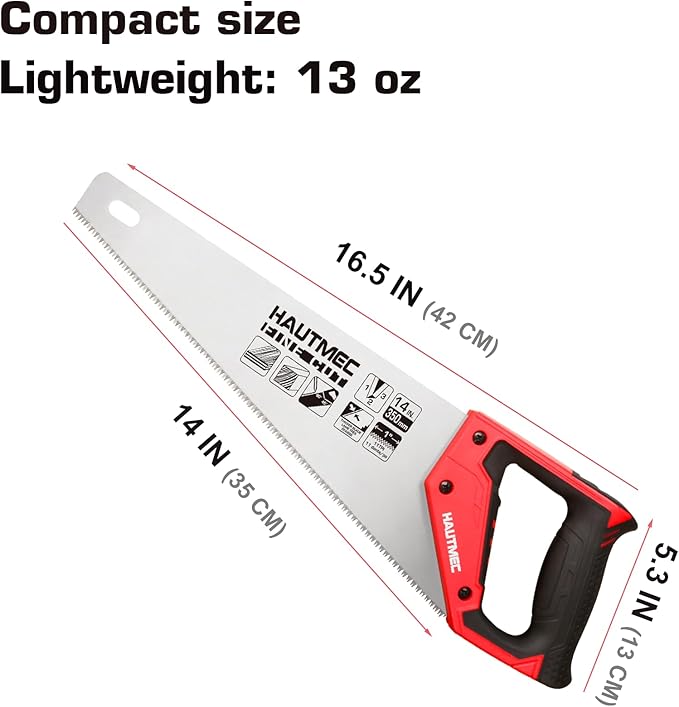 HAUTMEC 14-Inch Universal Hand Saw, 11 TPI Fine Cut Wood Saw with Hardened Triple-Ground Teeth and Ergonomic Handle, Pro Handsaw for Wood, Laminate, Plastic, PVC & Branch Cutting – HT0024
