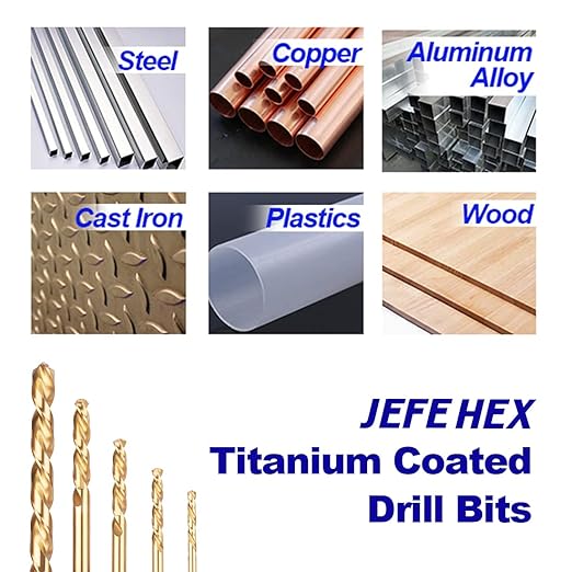 JEFE HEX 3/32" 12 PCS Hex Shank Drill Bit for Quick Change, HSS Titanium Twist Bit, 135 Degree Split Point, Precision Start Drill Bit for Wood, Plastics, Steel, Copper, Aluminum Alloy (Pack of 12)