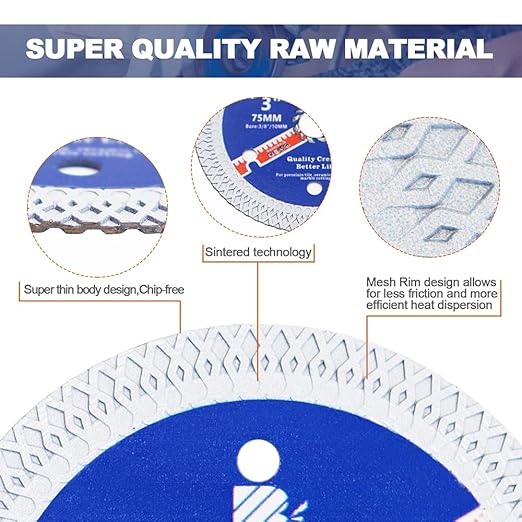 Super Thin Diamond Porcelain Saw Blade with X Teeth,BRSCHNITT3pcs 3 Inch (75mm) x Arbor 10mm Angle Grinder Diamond Cutting Disc for Dry/Wet Cutting Porcelain Tile Ceramic Marble Granite