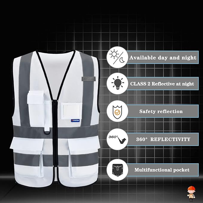 A-SAFETY Hi Reflective Safety Vest,Hi Vis Bright Neon Colors Safety Vest with 4 Reflective Strips 7 Pockets(White XXXL)