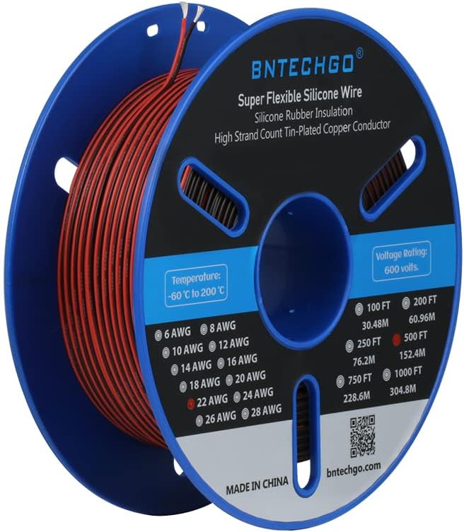 BNTECHGO 22 Gauge Flexible 2 Conductor Parallel Silicone Wire Spool Red Black High Resistant 200 deg C 600V for Single Color LED Strip Extension Cable Cord,Model,500ft Stranded Tinned Copper Wire