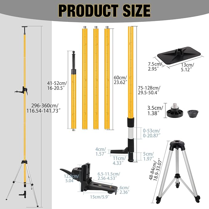 MOETER Telescoping Laser Level Pole Kit - 12Ft./3.6M Adjustable Pole with Tripod, Spring-Loaded Base & Mount for Rotary/Line Lasers (1/4"-20 & 5/8"-11 Adapters)