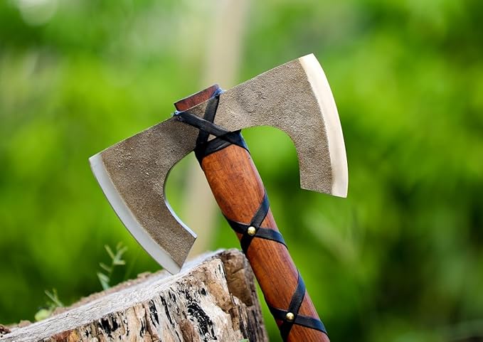 Double-Headed Viking Battle Axe with Leather Sheath, Hand Forged Steel, Wooden Handle, Camping, Hinking, Hunting, Gift, Hatchet Axe