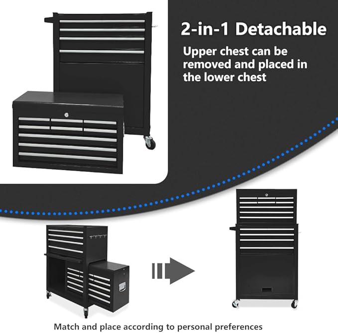 13-Drawer Tool Chest with Wheels,2 in 1 Detachable Rolling Tool Chests with Drawers,Large Tool Box with Lock,Mobile Steel Tool Cabinet Storage for Warehouse,Garage-Black