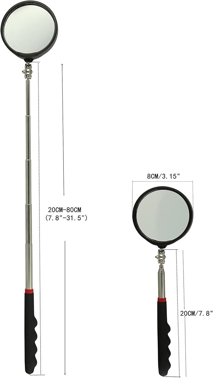 Telescoping Inspection mirror with Lighted,extendable Round Mirror on a stick for Checking Vehicle, Observing and Small Parts Extended Mechanic Tool for Automotive and Shower Use mirror