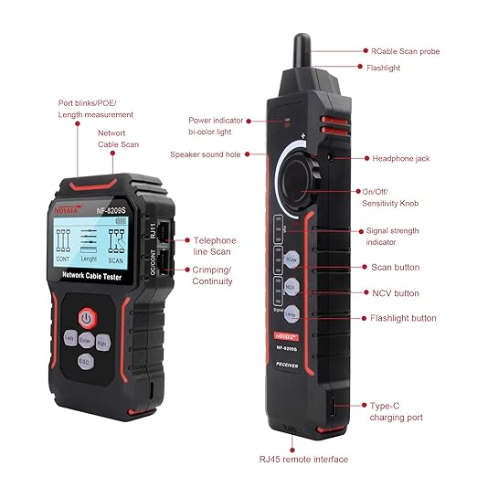 NOYAFA NF-8209S Upgrade Advanced Network Cable Tester with PoE& NCV, Cable Length Test, Port Flashing, Multifunction Anti Interference Scanning Modes Wire Tracker