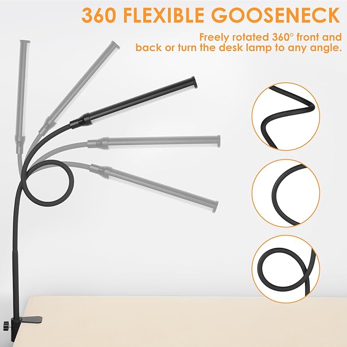 ShineTech LED Desk lamp with Clamp, Eye-Caring Clip Lights for Home Office, 3 Colors Full Brightness, Flexible Gooseneck USB Adapter Table Lamp, Black