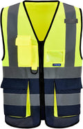 A-SAFETY High Visibility Safety Vest Reflective, 3M Multi Pockets Working Vest Zipper Front Class 2, Yellow&Navy, L