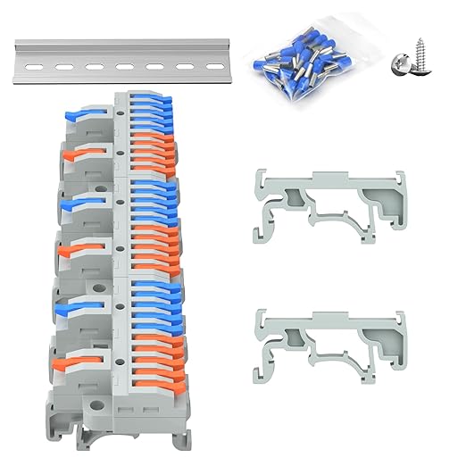 3Pcs Lever Wire Connectors, 2 in 10 Out, Push-in, 4-2.5 mm² Quick Wiring DIN Terminal Blocks, 36Pcs Wire Ferrules Terminals & 6.89 Inch DIN Rail Included