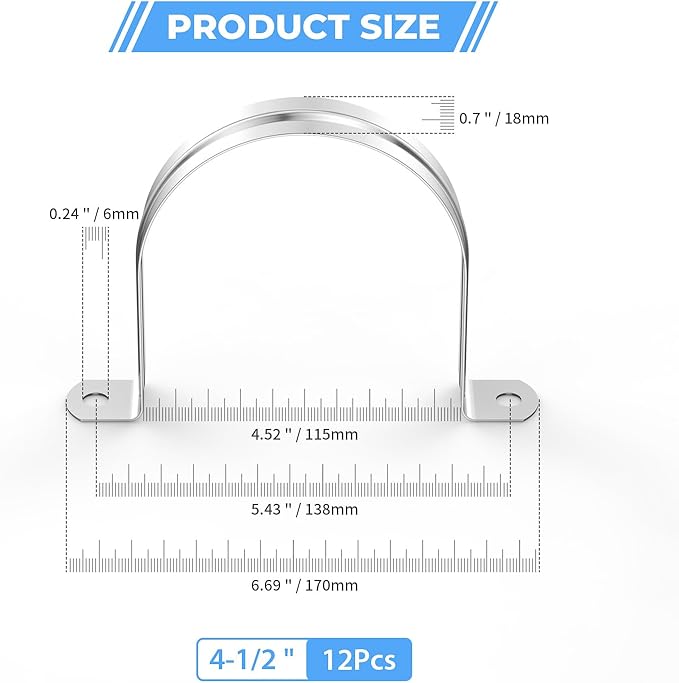 12Pcs 4 1/2 Inch (115mm) 304 Stainless Steel Conduit Clamps, U-Tube Strap Pipe Clamp 2 Hole Strap U Bracket Rigid Pipe Metal Conduit Strap Tension Clips U-tube Clamp