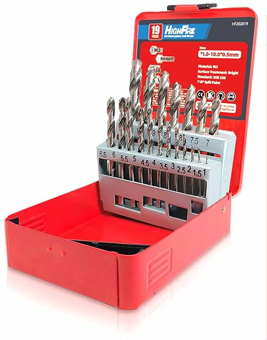 HIGHFIRE 19PCS HSS Metric Drill Bits Set, 1-10mm Twist Jobber Length Drill Bit Kit for Hardened Metal, Cast Iron, Stainless Steel with Index Case