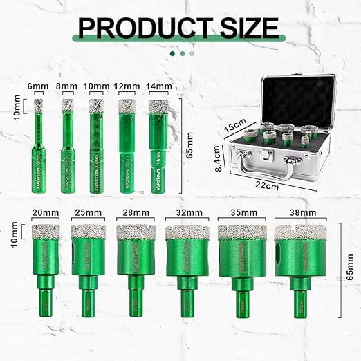 Diamond Core Drill Bit Kit - Dia 6/8/10/12/14/20/25/28/32/35/38mm Triangle Shank Vacuum Brazed Tile Hole Saws for Dry Drilling Porcelain Ceramic Tile Granite Marble Stone