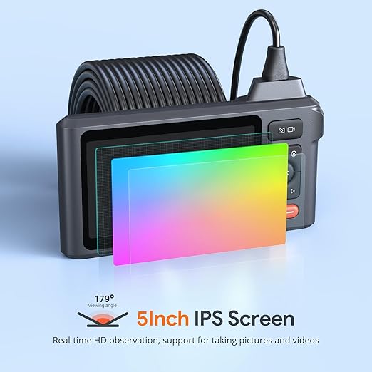 Triple Lens Sewer Inspection Camera with 50FT Semi-Rigid Cable, DEPSTECH 5"IPS Screen Endoscope Camera with Lights, 1080P Industrial Borescope, Split Screen, Waterproof Drain Pipe Tool, Carrying Case