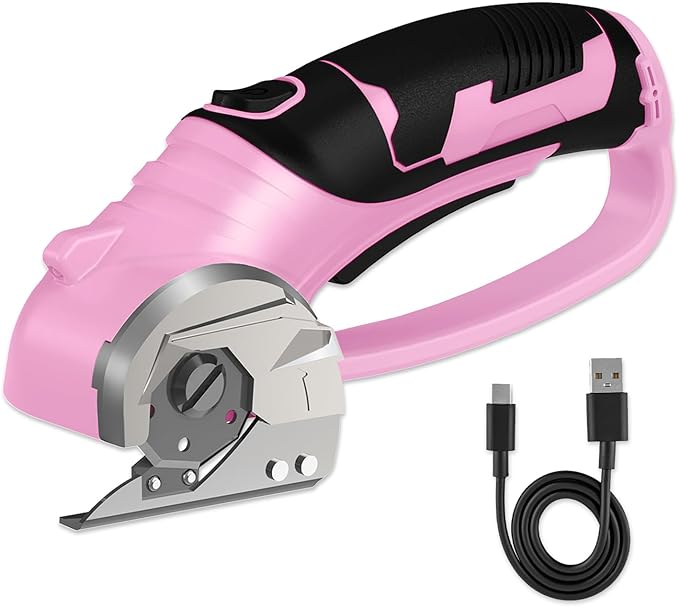 Cordless Electric Scissors, 4V Box Cutter & Cardboard Cutter with Upgrade Blade, LED Light, Safety Lock - Rechargeable Rotary Cutter for Fabric, Leather, Plastic, Crafting, Sewing, Industrial (Pink)
