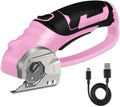 Cordless Electric Scissors, 4V Box Cutter & Cardboard Cutter with Upgrade Blade, LED Light, Safety Lock - Rechargeable Rotary Cutter for Fabric, Leather, Plastic, Crafting, Sewing, Industrial (Pink)