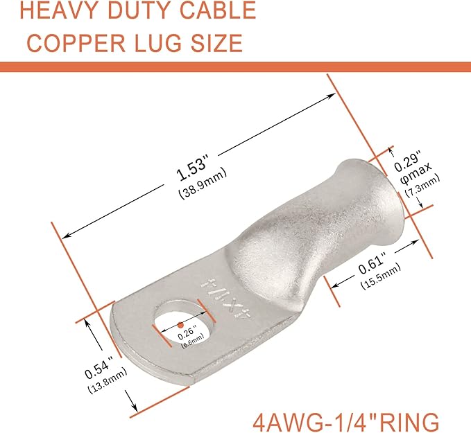 10pcs 4 AWG-1/4(M6) Tinned Copper Ring Terminals Battery Lugs, Heavy Duty Wire Lugs, Battery Cable Connectors