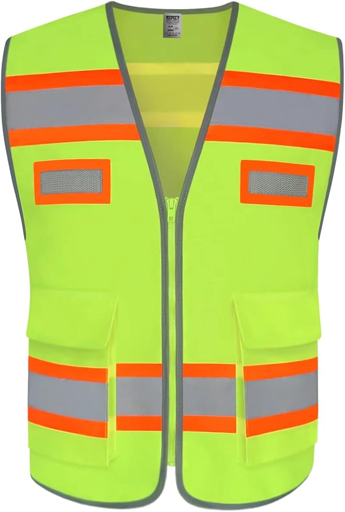 TCCFCCT High Visibility Vest with Pockets Reflective Safety Vest for Men Women, Construction Vest with Fluorescent Orange Extend Edge, Meets ANSI/ISEA Standards, Yellow, 4XL