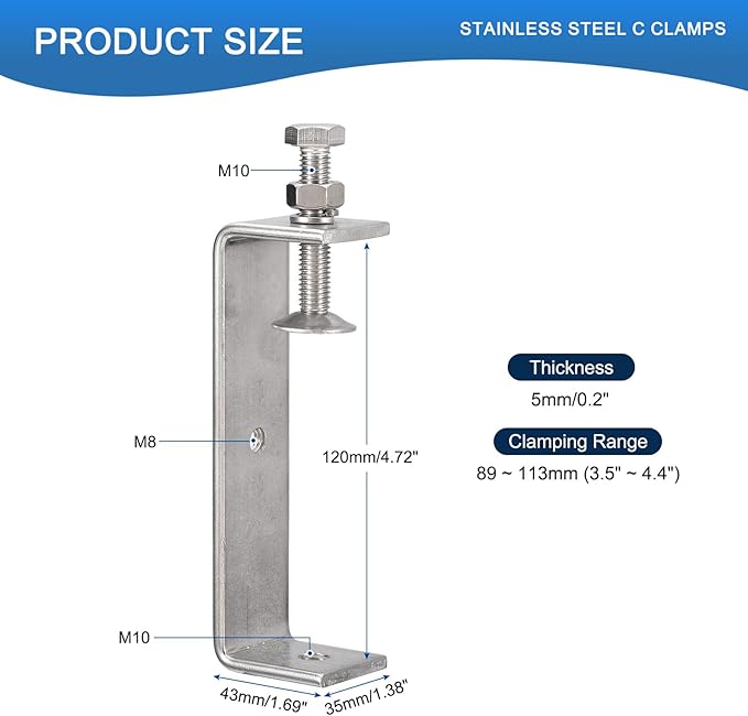 2 Pack 304 Stainless Steel C Clamps with 120mm/4.72" Stable Wide Jaw Opening Tiger Clamp for Woodworking Welding Construction Household Mount