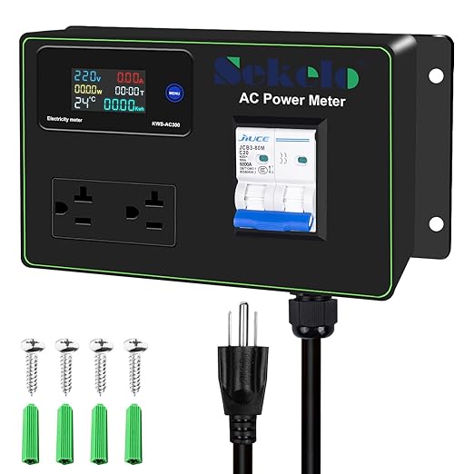 15A AC Power Meter, 125V Digital Multimeter Tester, NEMA 5-15P to NEMA 5-20R Outlet Monitor with 10FT 14AWG Cable and 20A Circuit Breaker, Real-Time Voltage, Current, Power, and Energy Monitoring