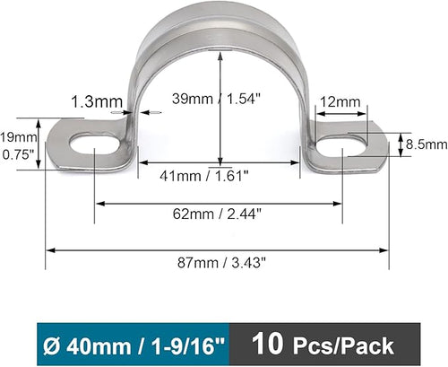 10 pcs 1-9/16" Conduit Clamp 304 SS Pipe Support U Bracket, Tube Clamps for Cable/Pipe, Heavy Duty Pipe Clamp | OD 1-9/16" | 10 pcs