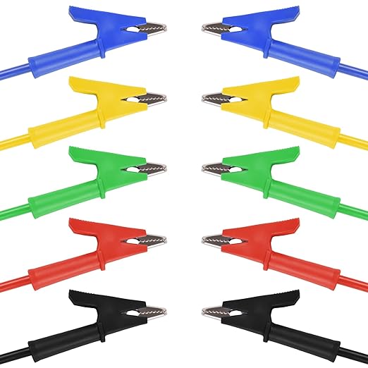WGGE 5PCS Dual Ended Alligator Clips Test Leads Set, 15A Test Lead Wire Cable with Insulators Clips, Heavy Duty Cable with Protective Jack Copper Clamps for Electrical Testing 5 Colors 3.3 ft/1m