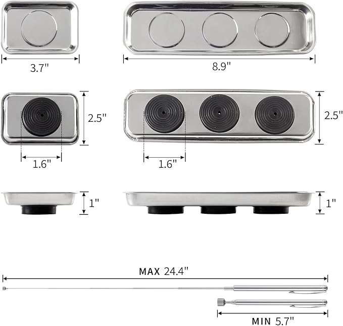 3 Pieces Magnetic Trays with 5LBs Telescoping Magnetic Pick-up Tool Set, 8.9" and 2 Pieces 3.7" Rectangle Stainless Steel Magnet Parts Tray for Screws, Mechanic's
