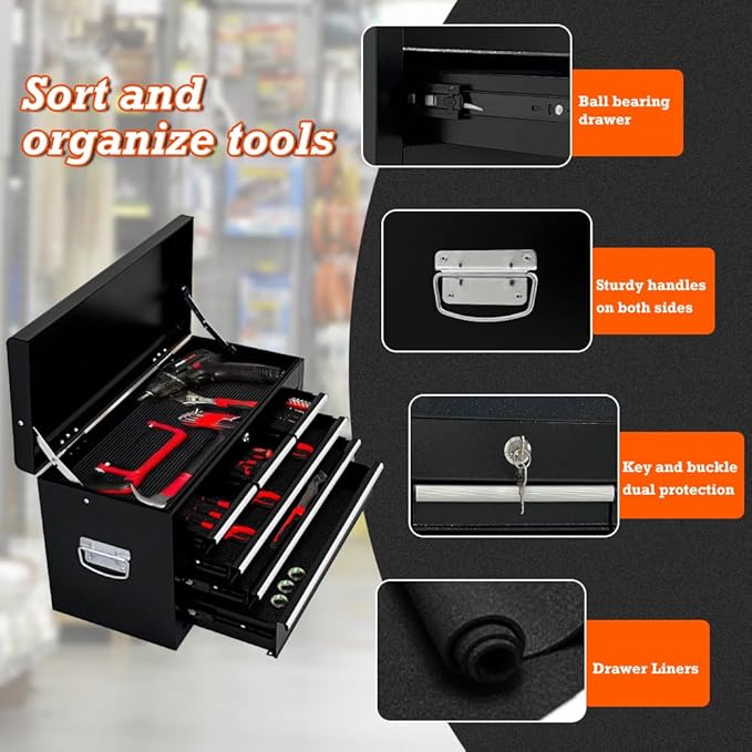 13 Drawers Tool Chest with Wheels,Large Capacity Tool Storage Cabinet with Removable Top Toolbox, Locking Mechanical Tool Cart with Liner,Suitable for Garages, Warehouses-Black