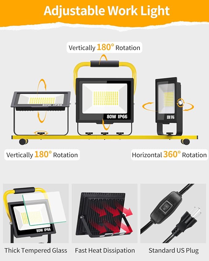 26400LM LED Work Lights with Stand, 3 Adjustable Head Portable Worklight with 26FT Cord Switch and Foldable Tripod, IP66 Waterproof 5000K for Outdoor Indoor Construction Job Sites Workshops Garage