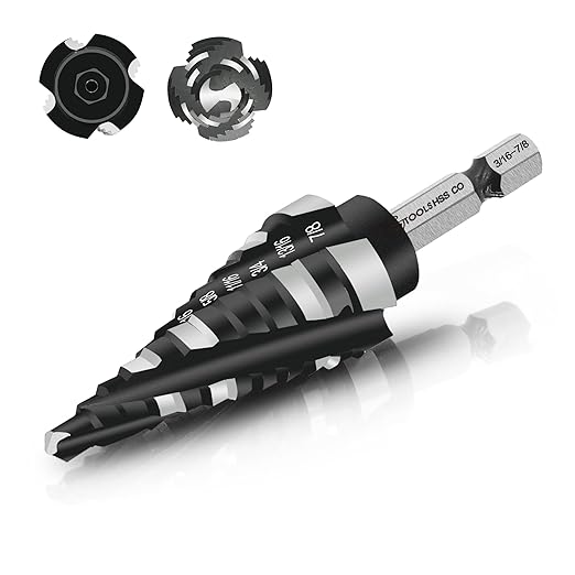 M35 Four Spiral Flute Cobalt Step Drill Bit, 3/16"-7/8" Wear-Resistant TiAlN Coated Four-Flute Step Bit, 1/4" Hex Shank Unibit Step Bit for Metal, Stainless Steel, Aluminum, Wood, Plastic