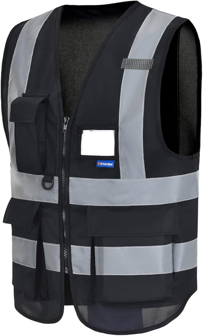 A-SAFETY 7 Pockets Hi Viz Zipper Front Working Safety Vest with Reflective Strips, Multiple Colors Available, Black S