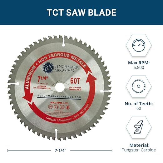 Benchmark Abrasives TCT 7 1/4 Inch Circular Saw Blade, Tungsten Carbide Tipped Non Ferrous Metal Cutting Saw Blades for Cutting Plastic, Fiberglass, PVC, Aluminum Cutting Blade - ‎(7-1/4" 60 Teeth)