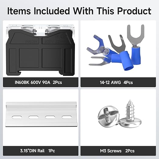2Pcs DIN Rail Terminal Blocks with Cover, IN60BK 600V 90A 22mm² Electrical Connection Terminals, 4Pcs 14-12 AWG Insulated Fork Spade Wire Connectors & 3.15 Inch DIN Rail Included