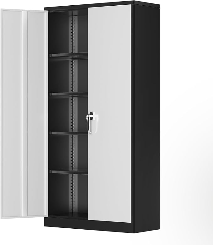 Greenvelly Metal Garage Storage Cabinet, 72" Black Gray Tool Steel Locking Cabinet with Doors and 4 Shelves, Tall Cabinets for Garage Storage Systems Lockable File Cabinet for Home Office,Garage