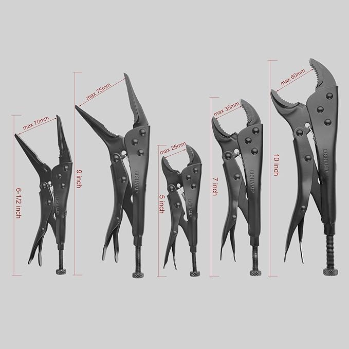 Lichamp 5PCS Vice Locking Pliers Set, 10 9 7 6 5 inches Curved Jaw Vise and Curved Jaw Grip Pliers Set