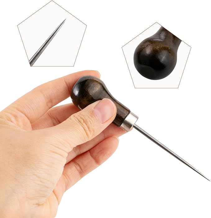 Ceukius 6 Pack Wooden Handle Scratch Awl for Leather Punch Hole or DIY Handmade, Gourd Shape Awl Tool, Leather Craft Tool