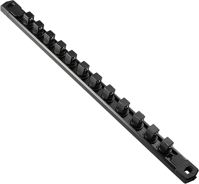 Magnetic Socket Organizer, 1-Piece Heavty Duty Aluminum Socket Holder, Socket Rail for Tool Box, Premium Quality 360° Swivel Socket Rack with 12 Clips for 1/2-Inch(Black)