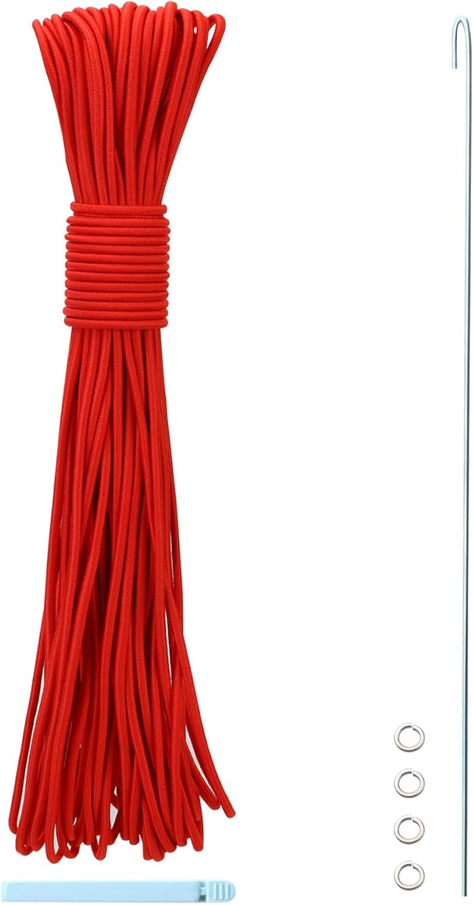 Tent Pole Shock Cord 1/8 inch 60ft, Replacement Shock Cord for Tent Rod, Tent Pole Repair Kit, Elastic Bungee Cord,Elastic Cord with Lead Wire/Washers/Clip (Red)