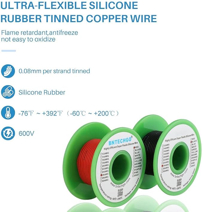 BNTECHGO 26 Gauge Silicone Wire Spool red and Black Each 100ft Flexible 26 AWG Stranded Tinned Copper Wire