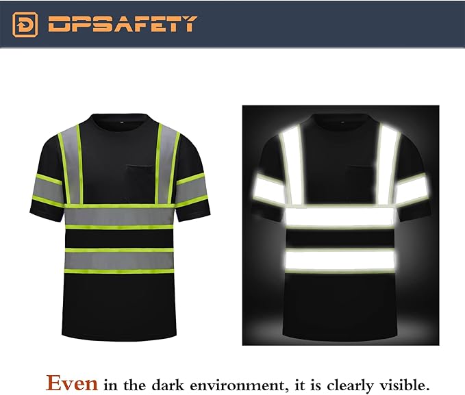 High Visibility Shirts Quick Dry Safety T Shirts with Reflective Strips and Pocket Short Sleeve Mesh Hi Vis Construction Work Class 2 Shirt for Men/Women Black,5XL