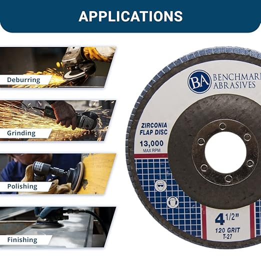 Benchmark Abrasives 4.5" Premium Zirconia Type 27 Flat Flap Discs Grinding Wheels for Sanding Stock Rust Removal Finishing Grinding Deburring Stainless Steel, 7/8" Arbor (10 Pack) - 120 Grit