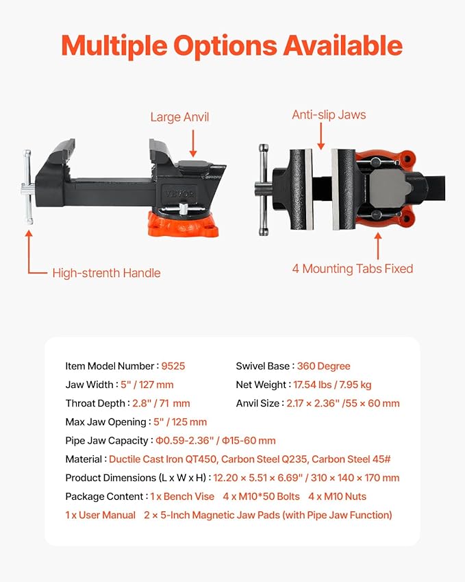 VEVOR Bench Vise, 5" Jaw Width, 5" Max Jaw Opening Multipurpose Vise with 360° Swivel Locking Base, 2.8" Throat Depth, Heavy Duty Ductile Iron Workbench Vise with Anvil, for Clamping Round Pipes