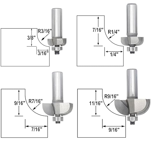 4pcs Cove Router Bit Set,1/2" Shank,Radius 3/16",1/4",7/16", and 9/16",Cove Edging Cutter for Wood Profiling,Routing,Molding