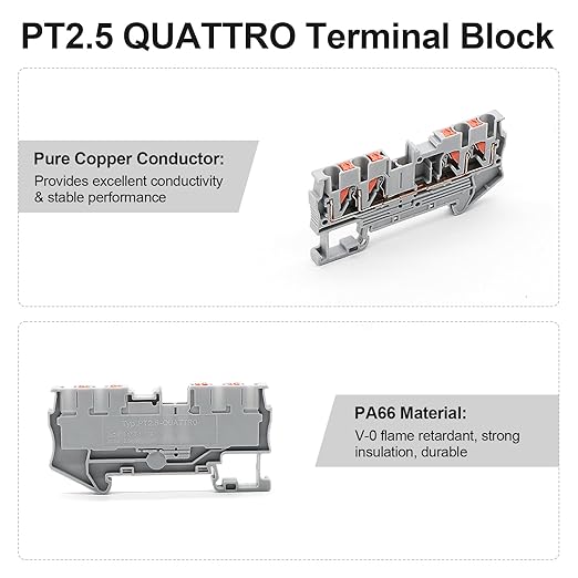 12Pcs PT2.5 Quattro Terminal Blocks, 4 Conductors DIN Rail Mounted Terminal Block, Wire Spring Connection Push in Conductors Wire Connector, CE