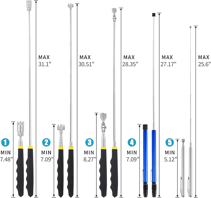 5 Pieces Telescoping Magnetic Pickup Tool Set, 1.5LB 15LB Pick-up Rod, 3.5LB 8LB Tools with LED Light, 10LB 360° Swivel Picker, Strong Magnet Stick Kit for Men Father Gift
