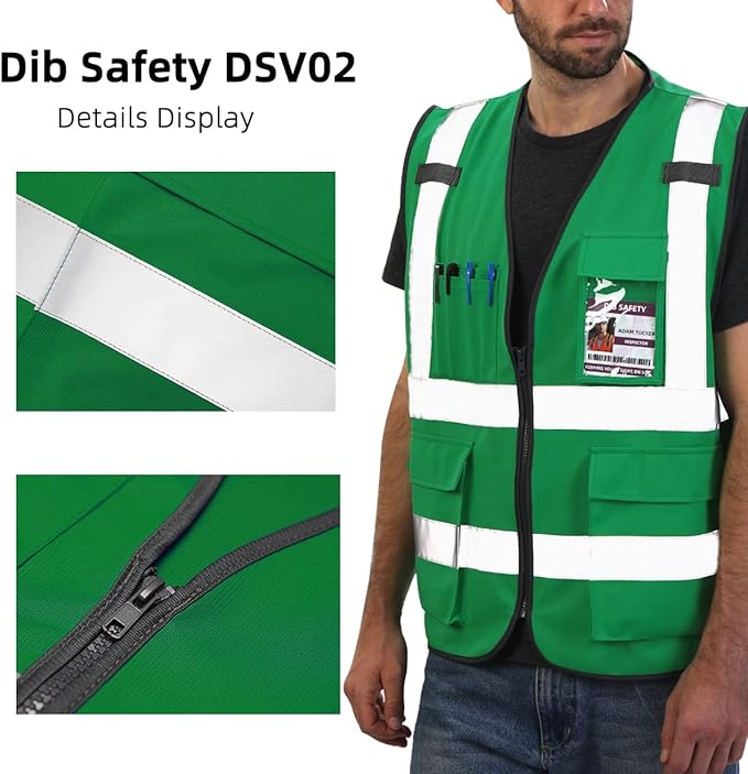 Dib Safety Reflective Vest High Visibility with Pockets and Zipper, Green XL
