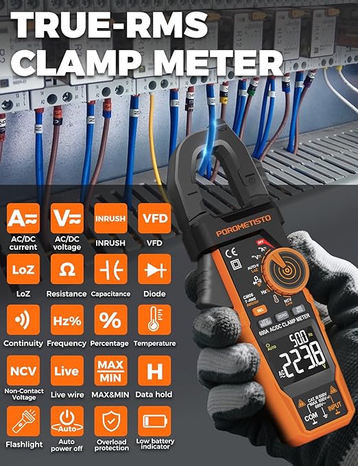 Digital Inrush Clamp Meter, CM06 Clamp Multimeter, T-RMS 6000 Counts 600A Amp Voltage Tester with VFD, LOZ, Measures NCV, AC/DC Voltage Current, Continuity Capacitance Frequency Resistance